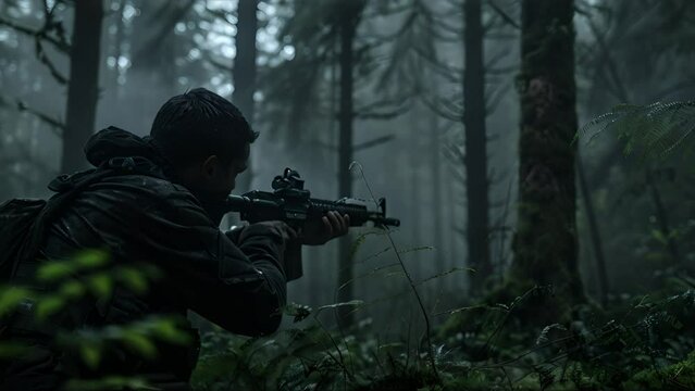 A soldier who is scouting and aiming at the enemy in the middle of a dark and foggy forest