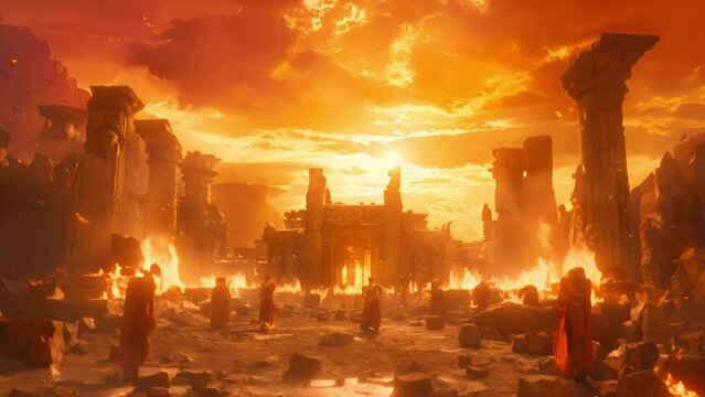 A dramatic scene of ruins under a fiery sky
