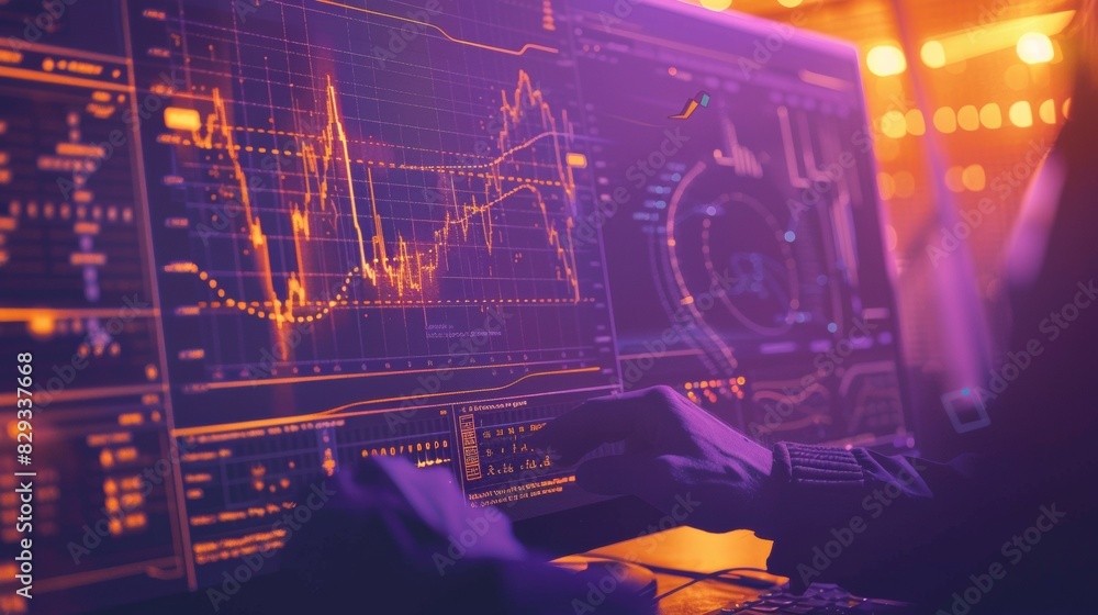 Poster professional female trader analyzing cryptocurrency trends on advanced software