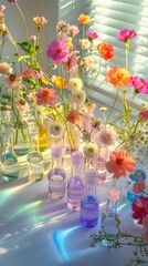 Scientific Study of Nature: Sunlit Laboratory with Blooming Flowers and Research Equipment - Exploring Reproductive Technologies
