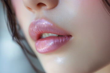 Asian Young female lips, the teen style lip-gloss color is glossy light purple 