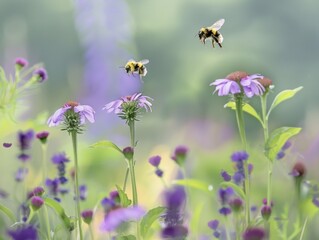 Abstract Symmetry: Blurry Pollinators Over Vibrant Garden in Long Exposure Photography, Capturing Fast Movements and Fluid Tones