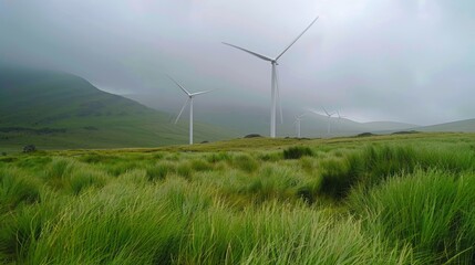 Wind turbines standing tall in field near mountains.