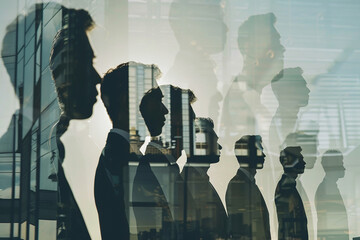 Double exposure image of many business people teamg group silhouette office background.