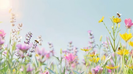 Fototapeta premium Serene Flowering Meadow with Buzzing Bees in Vibrant Outdoor Setting Celebrating National Pollinator Month