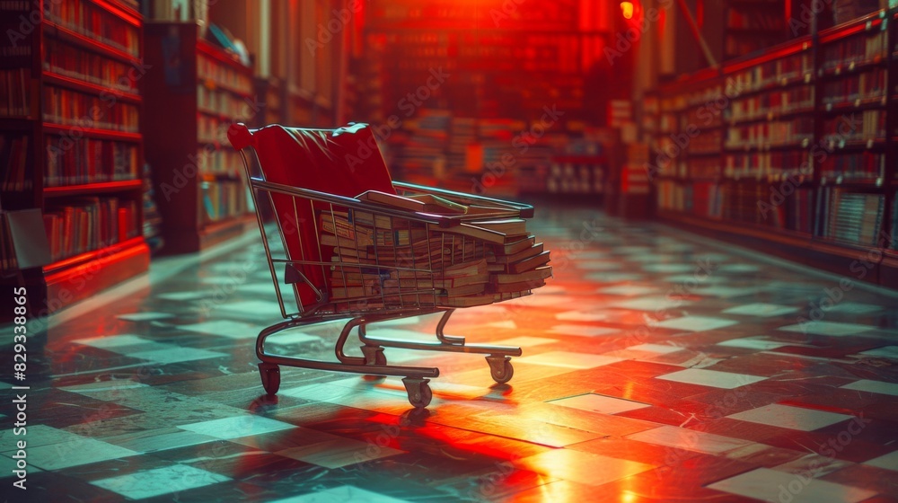 Poster panoramic view of a shopping cart filled with books and stationery items, isolated on a colorful gra
