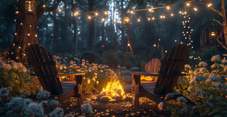 Cozy beautiful two chairs and campfire in the middle, string lights in the night spring forest, a lot of flowers sharp. Generative AI.