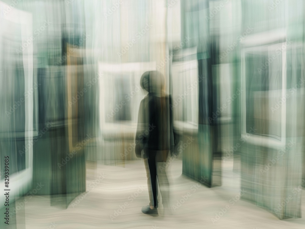 Poster abstract blurry photography of a hand drawing in a symmetrical green art studio with gray background