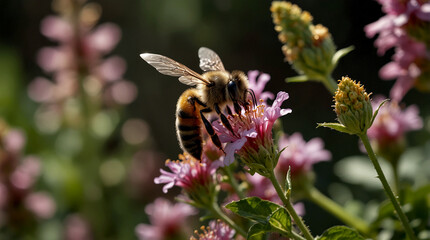 The Bee's Journey Begin with a panoramic shot of a lush garden bathed in warm sunlight