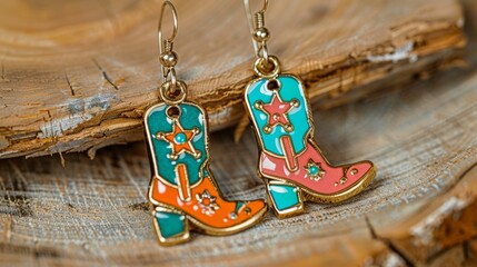 A playful pair of dangle earrings featuring a whimsical combination of cowboy boots pistols and sheriff badges in brightly colored enamel.