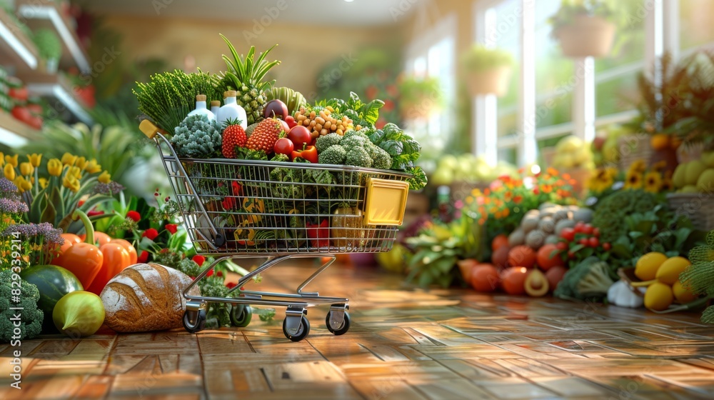 Poster a visually appealing 3d rendering of a shopping cart filled with an assortment of grocery items, inc