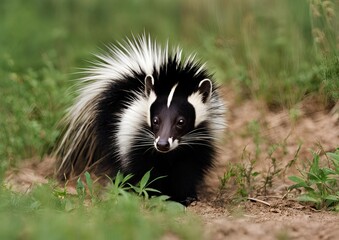 Striped Skunk (Mephitis mephitis) doe looking out from the ground in summer.
