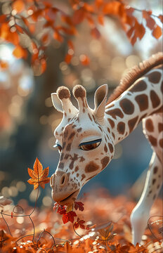 Animated giraffe bending down to eat leaves 3D clay style