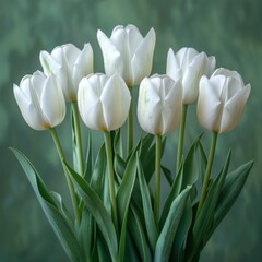 White tulips on a green background. Bouquet of flowers.