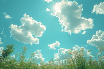 Blue sky with white clouds and green grass. Nature background. Vintage style.