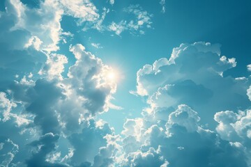 Blue sky background with tiny clouds and sun. Nature abstract background.