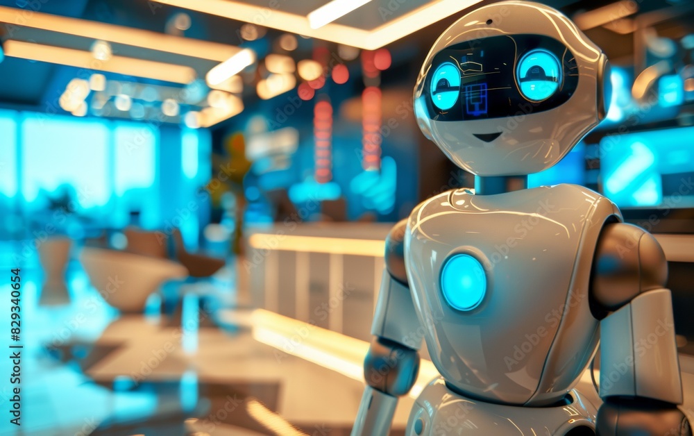 Poster Futuristic Office Setting with Robots and Young Employees Engaged in Cybersecurity Operations During Daytime