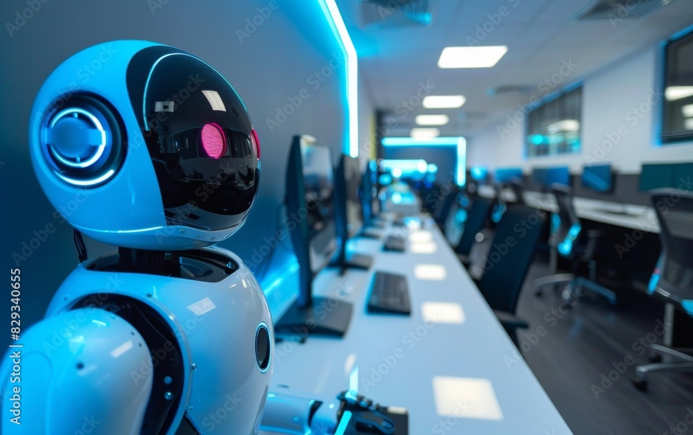 Aufkleber Modern AI Robots in a High-Tech Cybersecurity Office Setting: Evening Data Protection Tasks by Futuristic Technologies