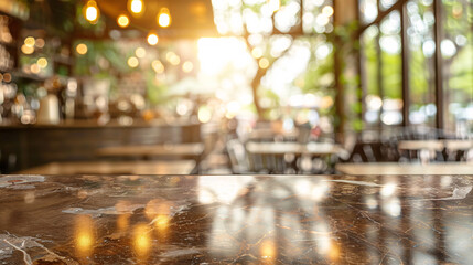 Empty marble table and Coffee shop blur background with bokeh image.