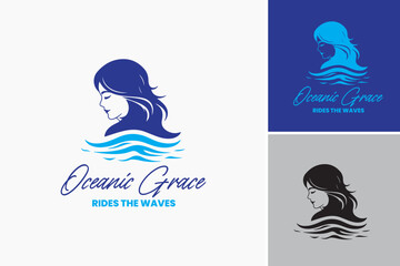 Oceanic Women Grace Logo: An elegant design featuring a woman riding a wave, symbolizing strength and serenity. Ideal for women’s surf shops, coastal wellness centers, or ocean conservation groups.
