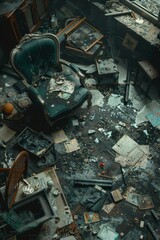 Disaster chaos, with items scattered in a damaged room.