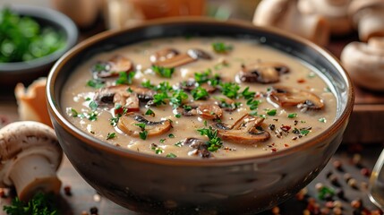 A bowl of creamy mushroom soup, garnished with parsley.