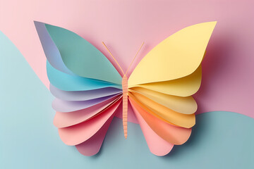 A vibrant and intricate paper butterfly crafted from layers of colorful paper in pastel shades of pink, blue, yellow, and green. The butterfly is set against a soft pastel background.