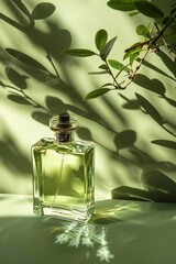 photograph, productive view, cylinder podium with perfume,  solid cream background, mockup product,