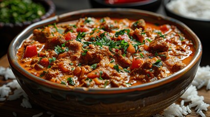 A dish of flavorful lamb curry, served with rice.