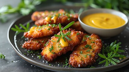 Fototapeta premium A plate of crispy chicken tenders, served with honey mustard.