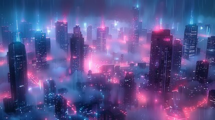 A futuristic city skyline at night, bathed in neon blue and pink lights. The buildings are tall and modern, with some covered in mist or fog. Generative AI.
