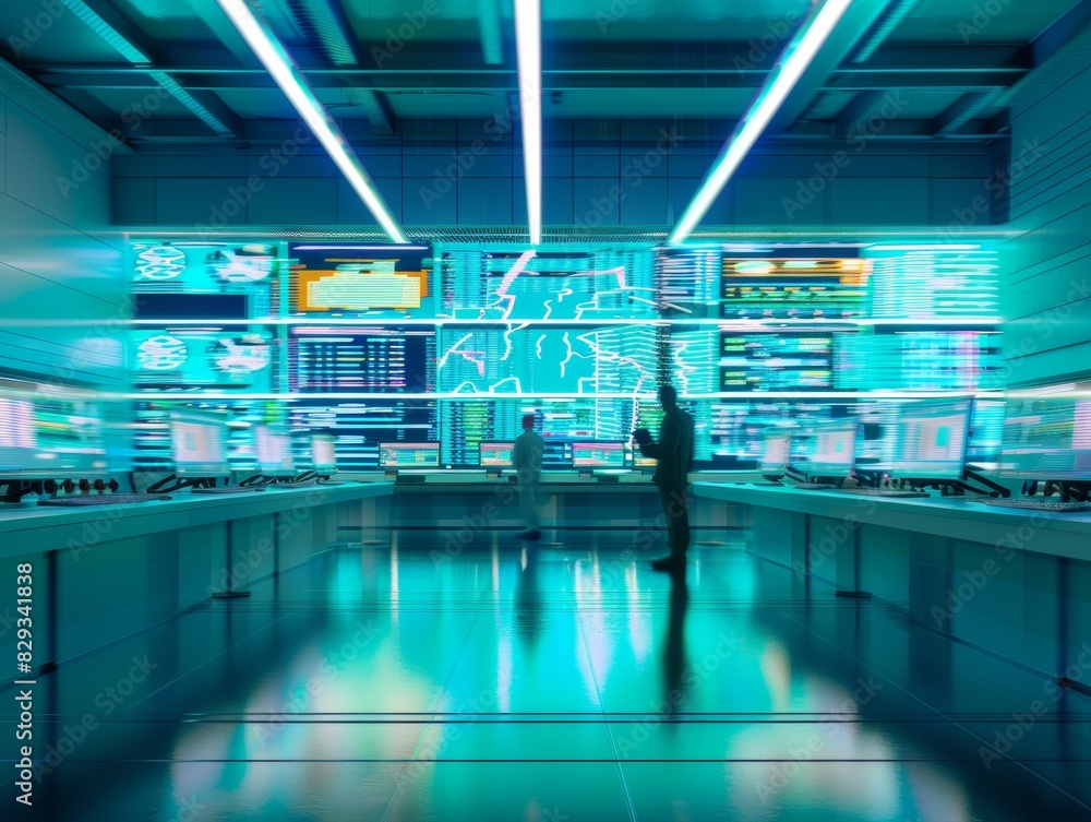 Aufkleber Abstract Image of Two Security Experts in a Green-lit Control Room under Surveillance: Symmetry and Motion Blur Captured with High Definition and Fast Shutter Speed