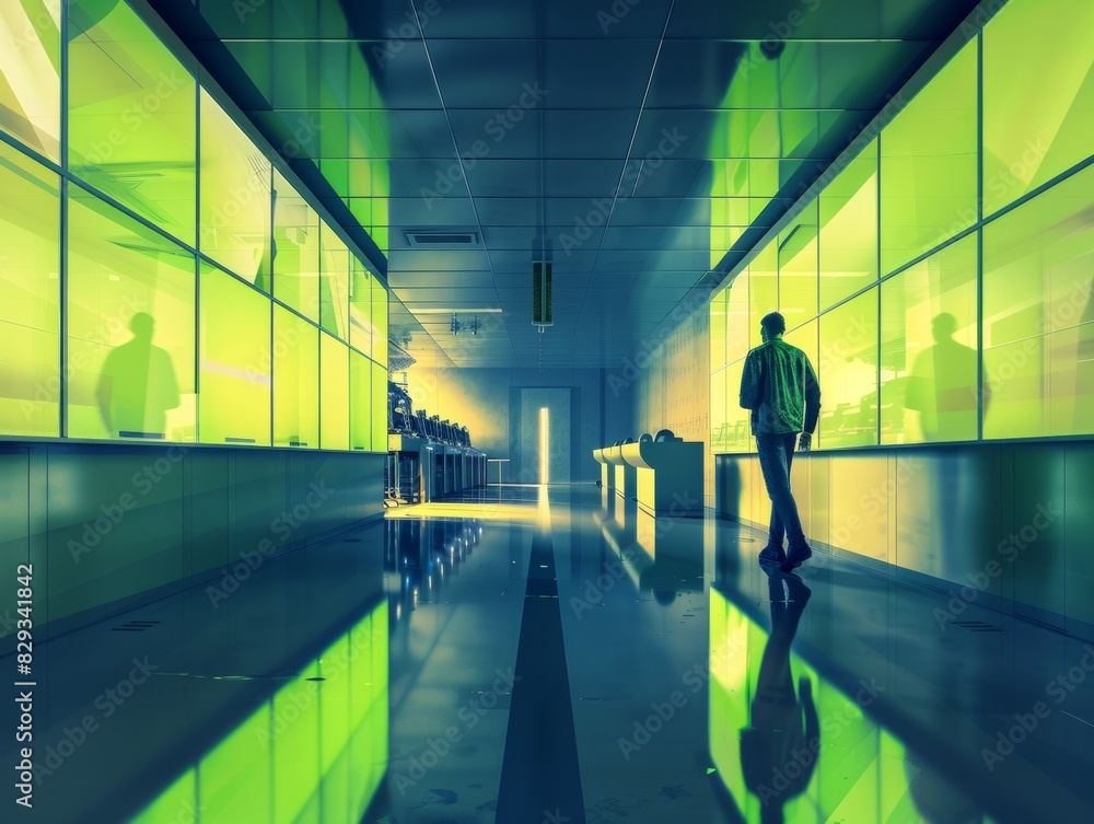 Poster abstract surveillance: two security experts in a vibrant green control room, using advanced monitori