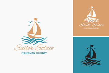 Sailor Solace: Fisherman Journey Logo: A nautical design with a ship and calm seas, representing peace and adventure. Perfect for fishing charters, coastal retreats, or maritime businesses.