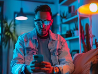 Hispanic Man Using Secure Messaging App on Smartphone at Home, Evening Setting - Concept of Data Privacy and Cyber Protection
