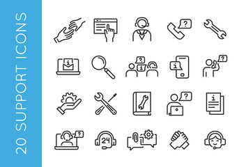 Support icons. Set of 20 customer service trendy minimal icons. Handset, Live Chat, Headset, FAQ, Feedback icon. Design signs for web page, mobile app, packaging design. Vector illustration.