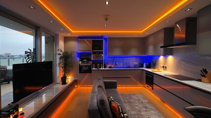 Create a stylish kitchen with a sleek TV screen mounted on the wall and LED strips installed under the