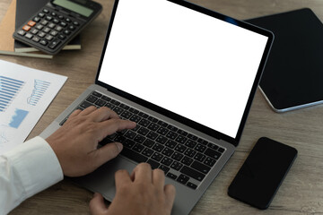 Close up of male hands and laptop with Using blank screen office room and copy space close up mock up screen view