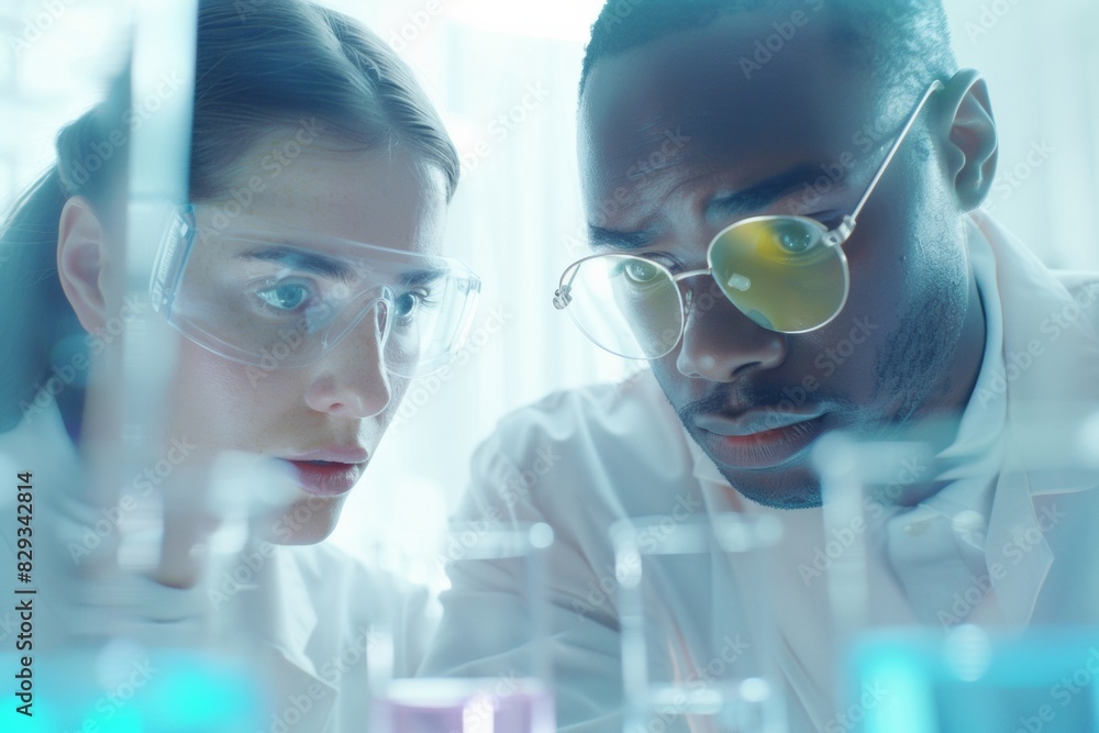 Wall mural diverse scientists in high-tech lab: caucasian woman and african man researching in vitro gametogene