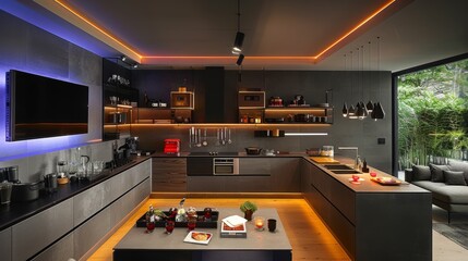 Create a stylish kitchen with a TV mounted on the wall and LED strips integrated into the shelving units