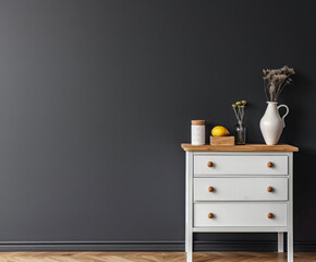 Minimalist wooden dresser with minimal decorative elements. Luxury interior design composition for ads.