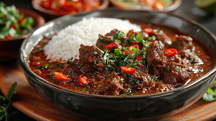 A dish of flavorful beef rendang, served with rice.