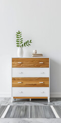 Minimalist wooden dresser with minimal decorative elements. Luxury interior design composition for ads.