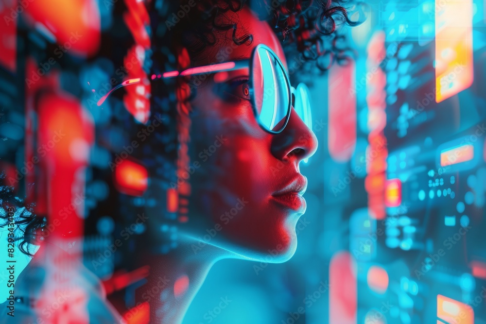 Poster Secure Virtual Reality Experience: Young Adult Engaged in a Futuristic VR Session with Data Privacy Overlays in a Tech-Driven Environment