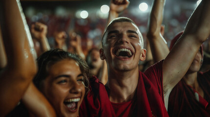 Fototapeta premium Football fans very emotional cheering for their team at the stadium surrounded by other fans dressed in dark red