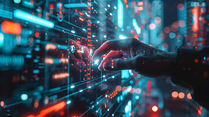 Explore a futuristic cityscape where AI and human connections are made through hands and fingers on touch screens.AI and human minds connect in a futuristic cityscape, fingers and hands interacting.