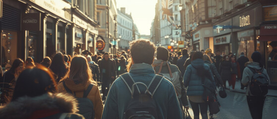 A crowd walks on the street, viewed from behind as they move towards the camera.