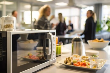 A microwave oven in a busy office break room, with people heating their lunches