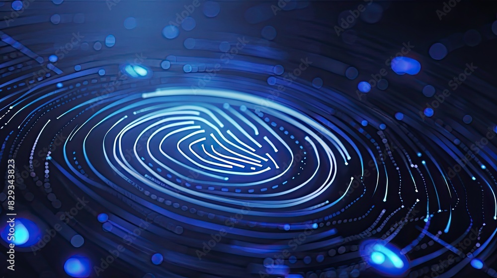 Poster futuristic digital fingerprint technology concept with glowing blue lines and circuits on a dark bac