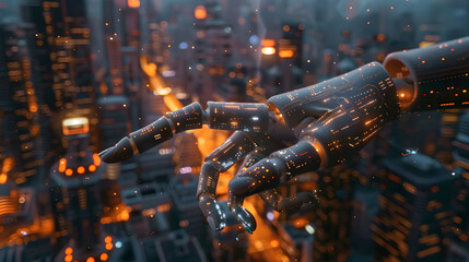 Explore a futuristic cityscape where AI and human connections are made through hands and fingers on touch screens.AI and human minds connect in a futuristic cityscape, fingers and hands interacting.